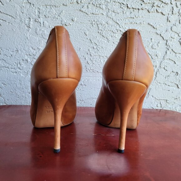Gucci Brown Leather Whipstitch Peep-Toe Platform Pumps Size EU 37.5 (US 7-7.5) - Picture 2 of 13
